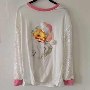 Festive Santa Sequin Long Sleeve Tee - White & Pink